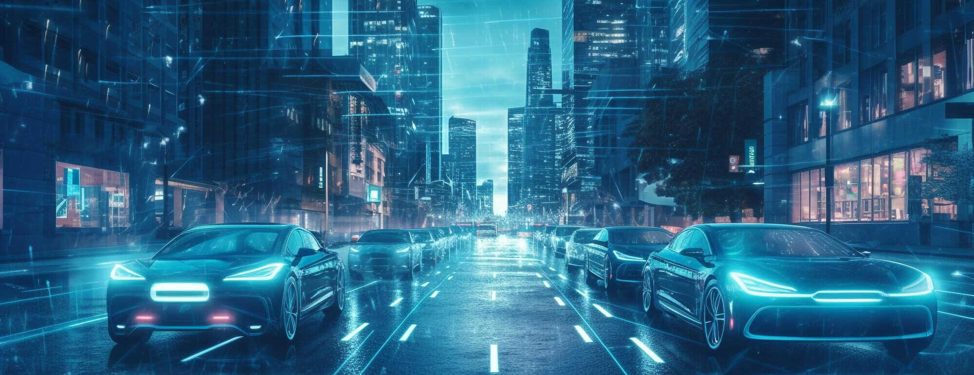 Moderne Stadt mit elektrisch fahrenden Autos